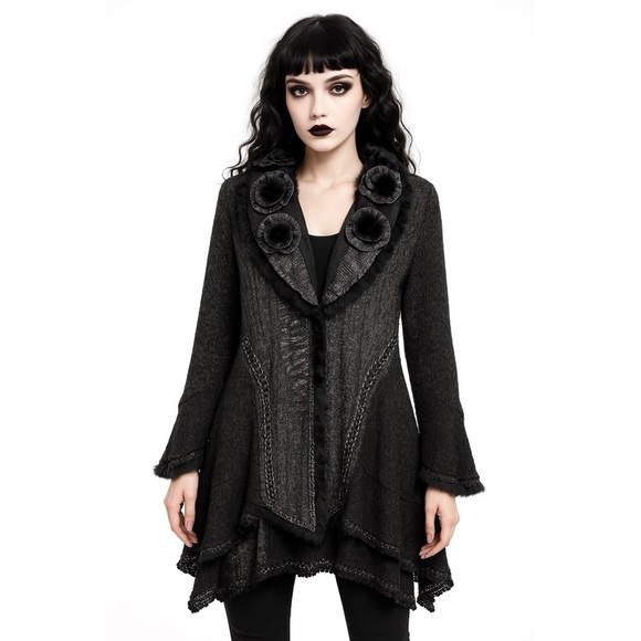 NWT Dolce Cabo Rabbit Fur Trimmed Elegant Floral Embellished Long Cardigan - Picture 1 of 14